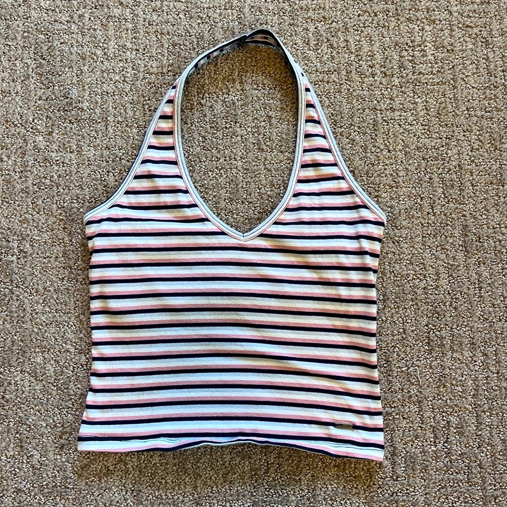 Horizontally striped halter top.